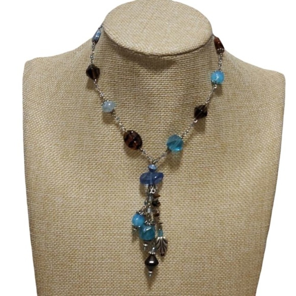 Treska Blue Brown Beaded Tassel Statement Necklace‎ Silver Tone Boho Leaf Accent